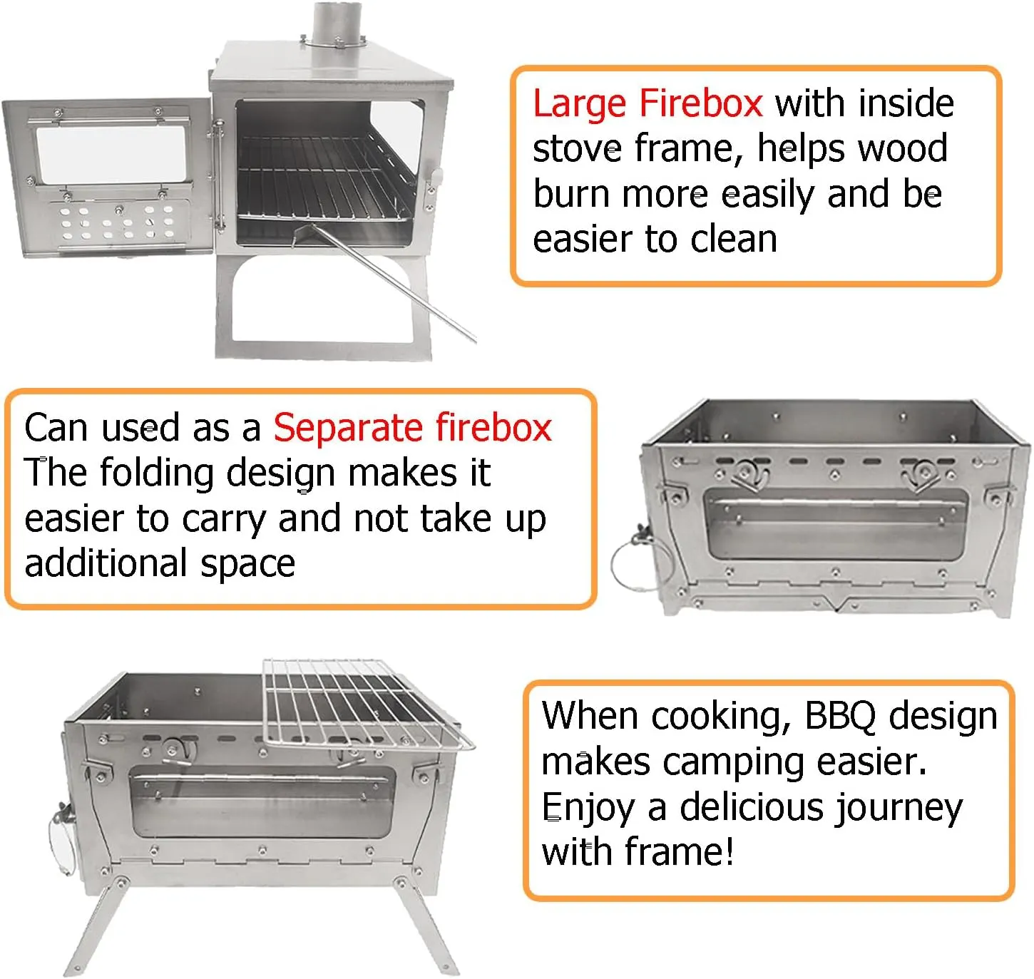 TS06 SECTORWING Camping Wood stove, 430 Stainless Steel Tent Stove Backpacking Foldable with 8.2ft Chimney Pipe for Hot Tent, Cooking, Hunting, Front& One Side Window
