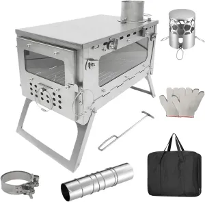 TS06 SECTORWING Camping Wood stove, 430 Stainless Steel Tent Stove Backpacking Foldable with 8.2ft Chimney Pipe for Hot Tent, Cooking, Hunting, Front& One Side Window