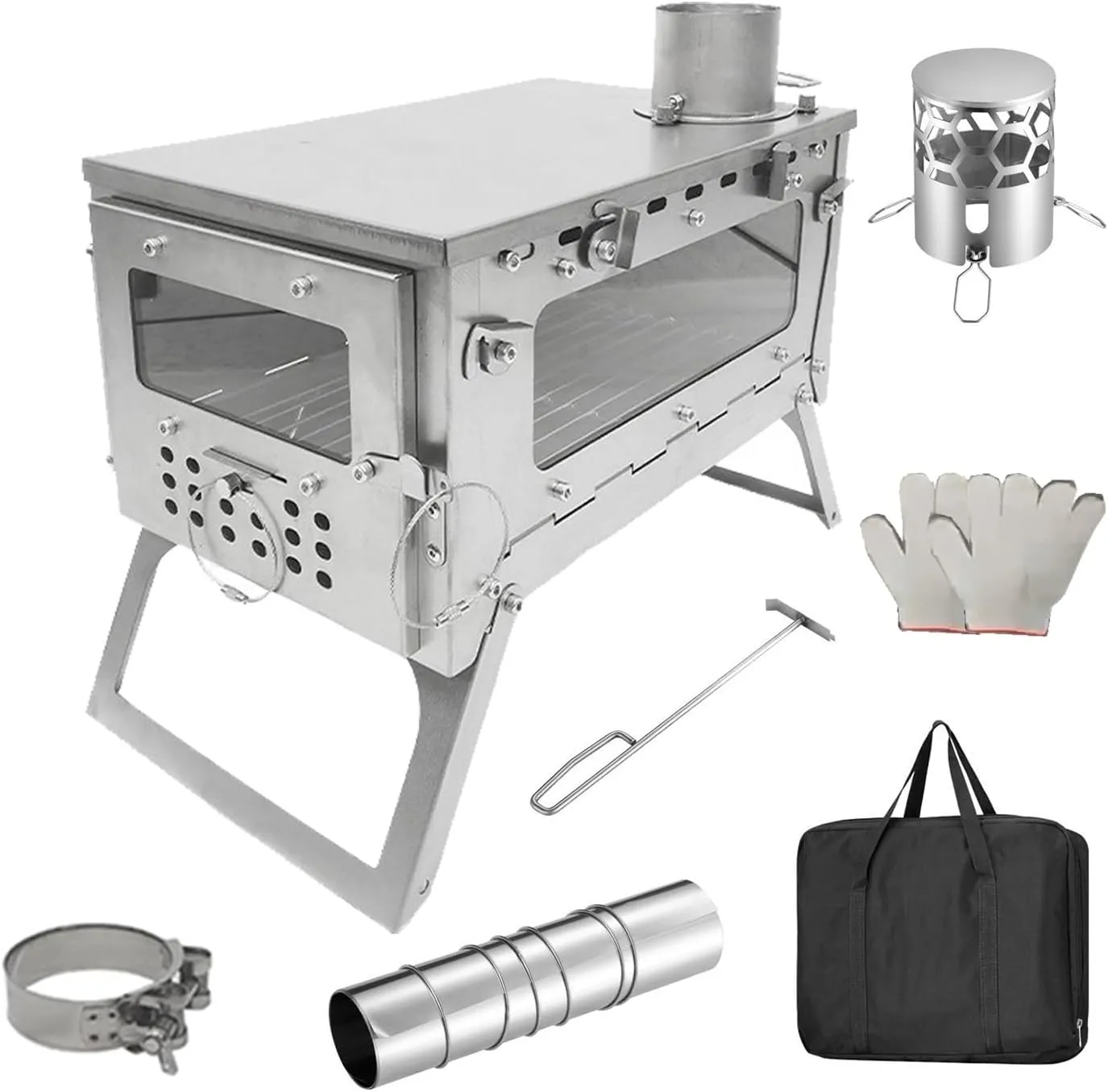 TS06 SECTORWING Camping Wood stove, 430 Stainless Steel Tent Stove Backpacking Foldable with 8.2ft Chimney Pipe for Hot Tent, Cooking, Hunting, Front& One Side Window