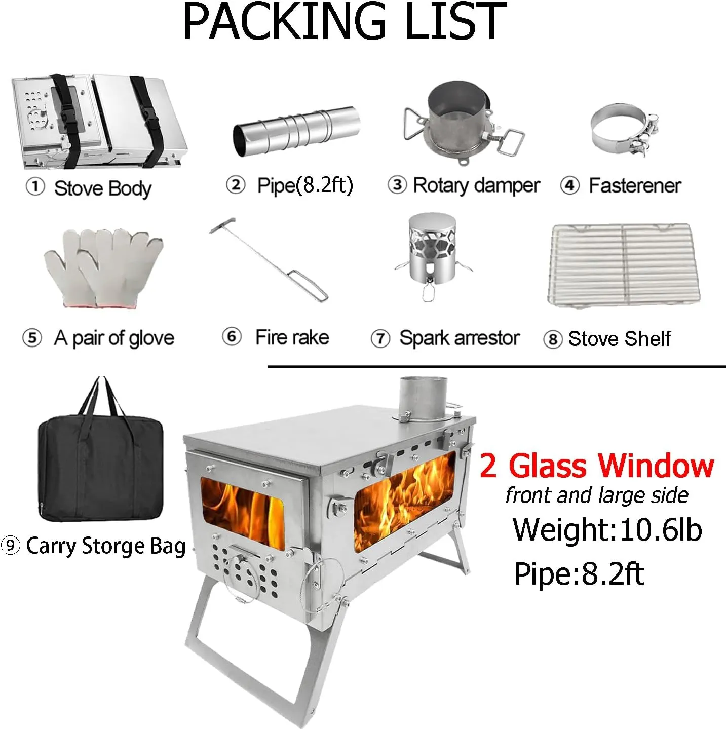TS06 SECTORWING Camping Wood stove, 430 Stainless Steel Tent Stove Backpacking Foldable with 8.2ft Chimney Pipe for Hot Tent, Cooking, Hunting, Front& One Side Window
