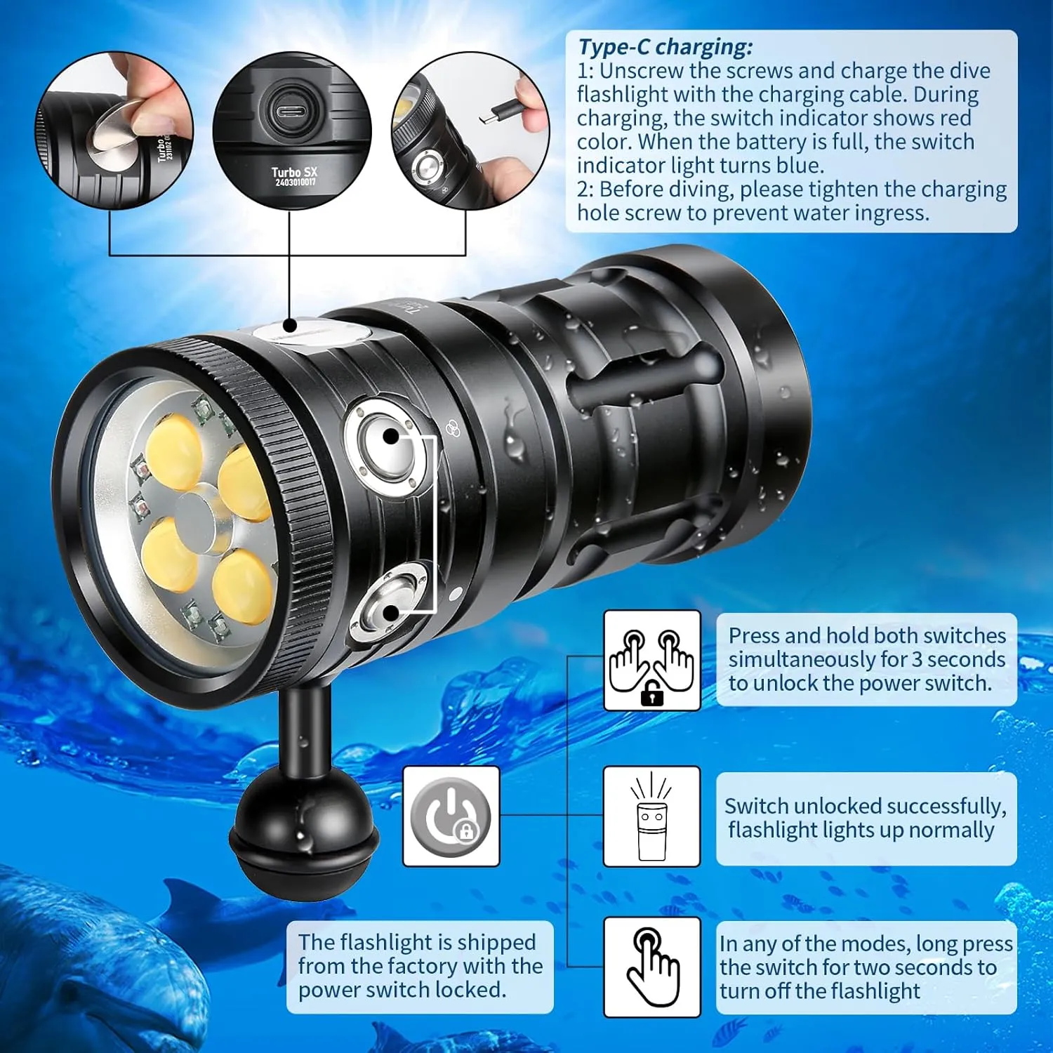 Turbo SX Dive Light, 11000 Lumens 100m Underwater Video Light,Diving Flashlight,Scuba Dive Light,Waterproof Flashlight with for Under Water Sports,Underwater Video Shooting and Photography