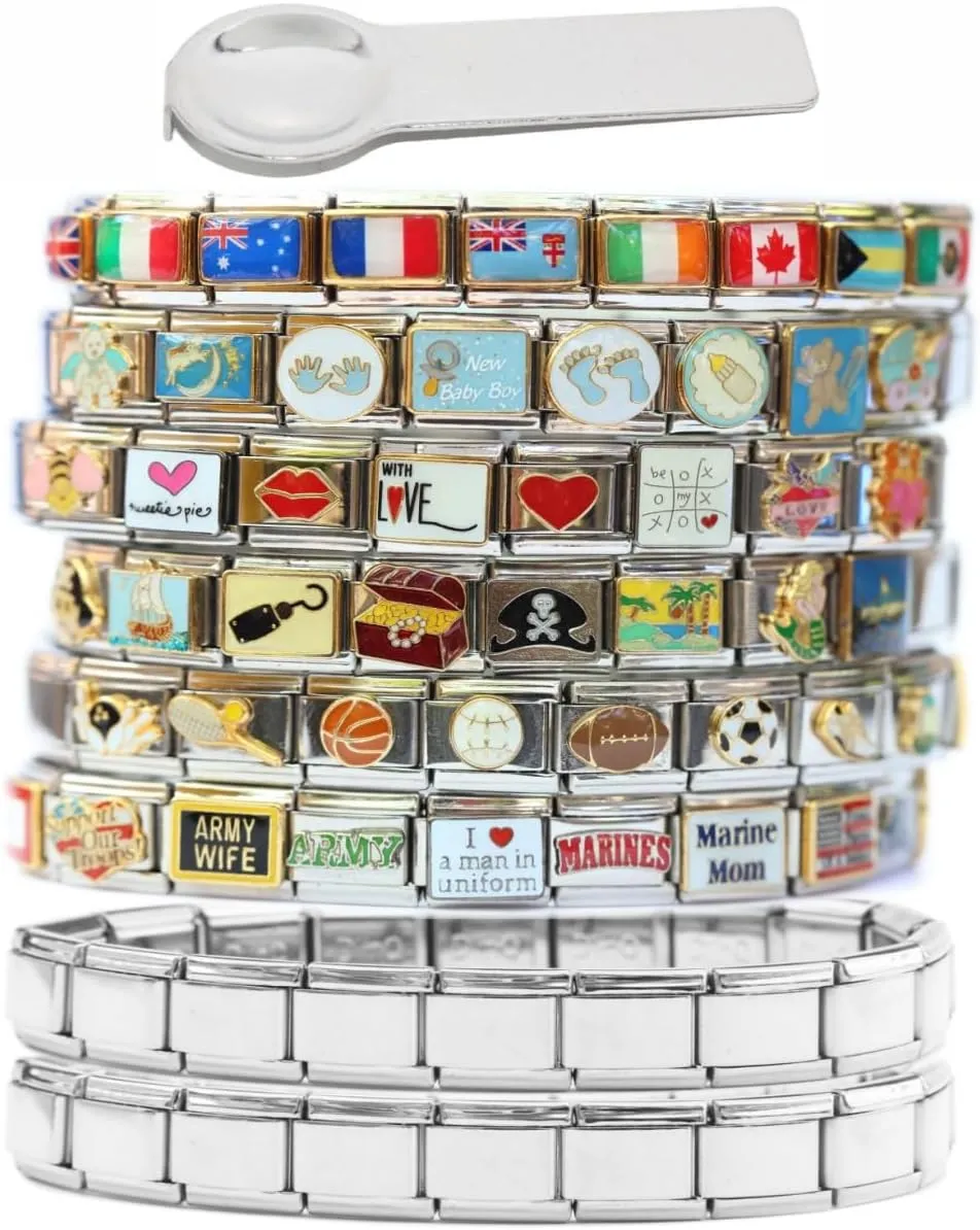 Two Starter Bracelets and 70 Assorted Italian Charms plus Charm Tool - 9mm Standard Size Jewelry