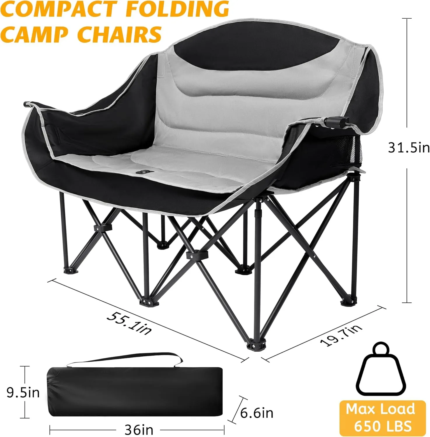 UBALANCE Double Camping Chair - Oversized Two Person Camp Chair with 650 lb. Load Capacity - Light Gray - Ideal Camping Gear for Outdoor Adventures