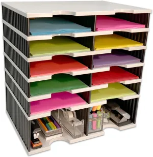 Ultimate Office Desktop Organizer 10 Letter Tray Sorter PLUS Riser Storage Base for Easy Access to Lower Slots, Desk Accessories & Supplies. Optional File Topper & Drawers