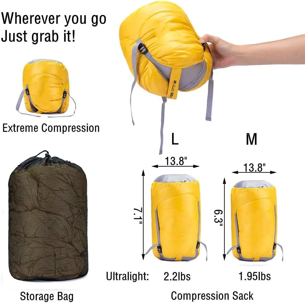Ultra Light Goose Down Sleeping Bag Cold Weather 750 Fluffy 4 Seasons Waterproof and Compact,Backpack,Hiking,Travel,Outdoor Compression Bag,Yellow,M