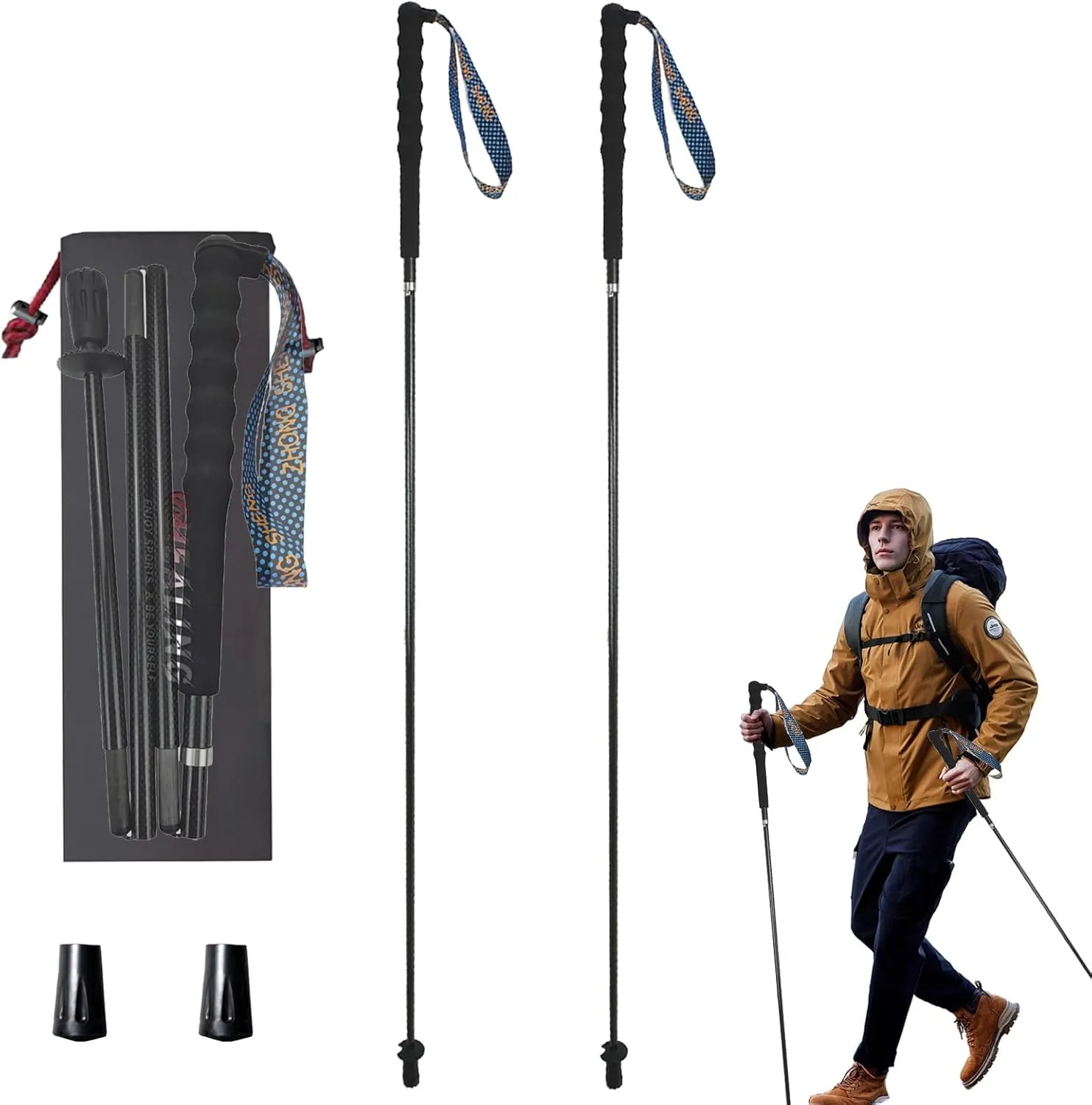 Ultra light hiking poles, collapsible, set of 2, ultra light carbon fibre, hiking poles with moisture absorbing handle, with storage bag, suitable for cross-country, mountaineering and camping