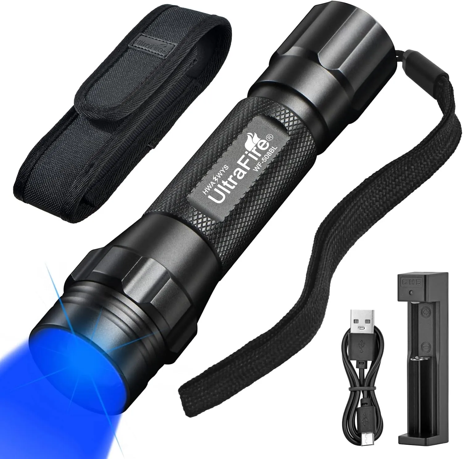 ULTRAFIRE Blue Light Flashlight, 450-460nm Single Mode LED Blue Flashlight, Portable Small Blue Light for Night Fishing and Outdoor Activities-Black House WF-508BL