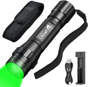 ULTRAFIRE Green Light Flashlight, Zoomable LED Green Hunting Light, 520-530nm Green Light for Hunting, Tactical Green Flashlight for Hog Coyote and Varmint Night Hunting WF-508G