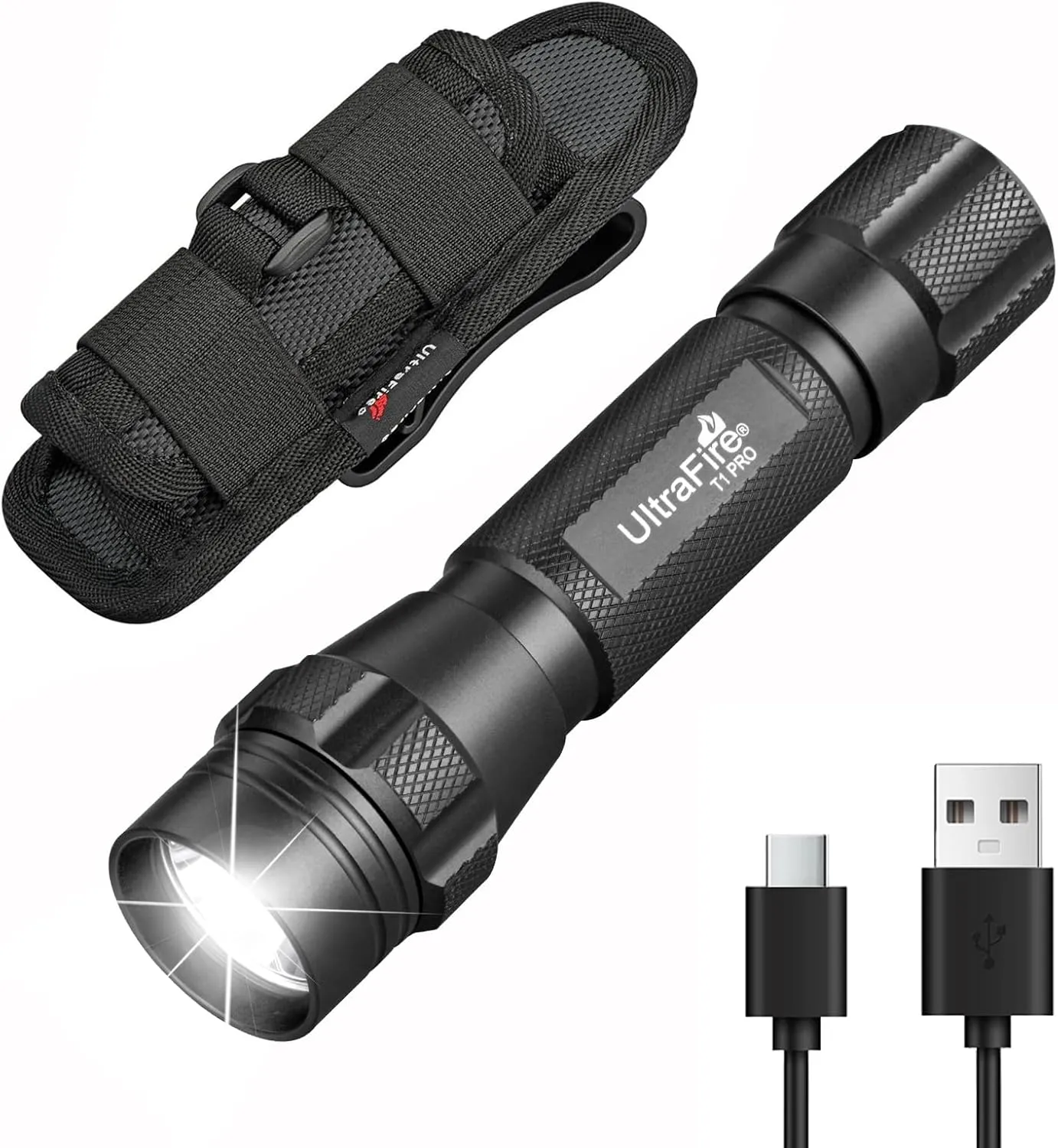 ULTRAFIRE Tactical Flashlight with Holster, 1000 High Lumens Law Enforcement LED Flashlight with Belt Holder, 3 Modes Bright Police Flashlights with Holster for Duty Belt Torch T1 PRO