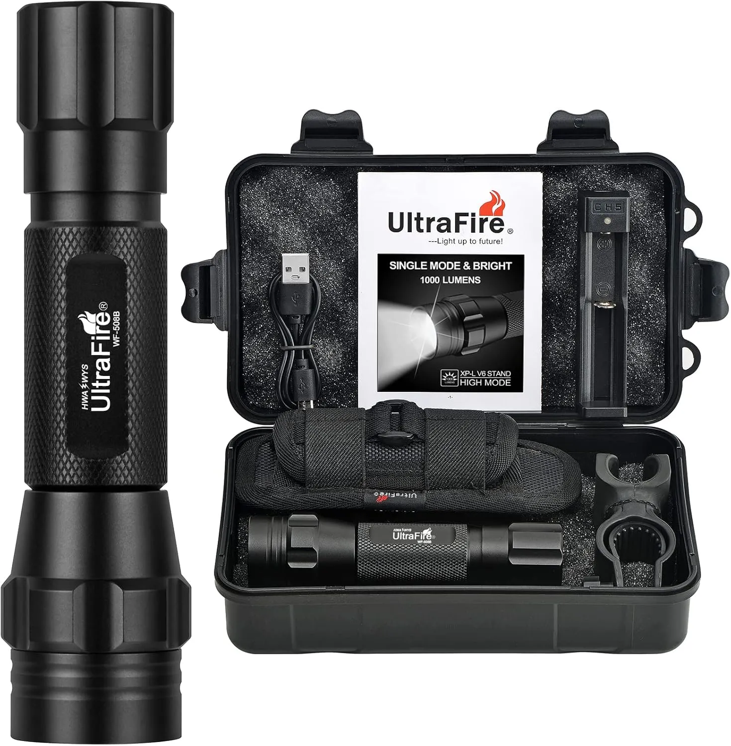ULTRAFIRE Tactical Flashlight with Holster, Single Mode LED Flashlight 1000 High Lumen Duty Belt Flashlight with Holder, Law Enforcement Flashlights WF-508B