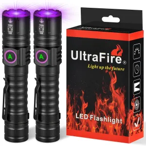 ULTRAFIRE UV 395nm Flashlight - USB Rechargeable, Powerful Ultraviolet LED Black Light with Clip, Ideal for Resin Curing/Scorpion Detection/Fluorescent Discovery/Pet Urine Disclosure - Pack of 2