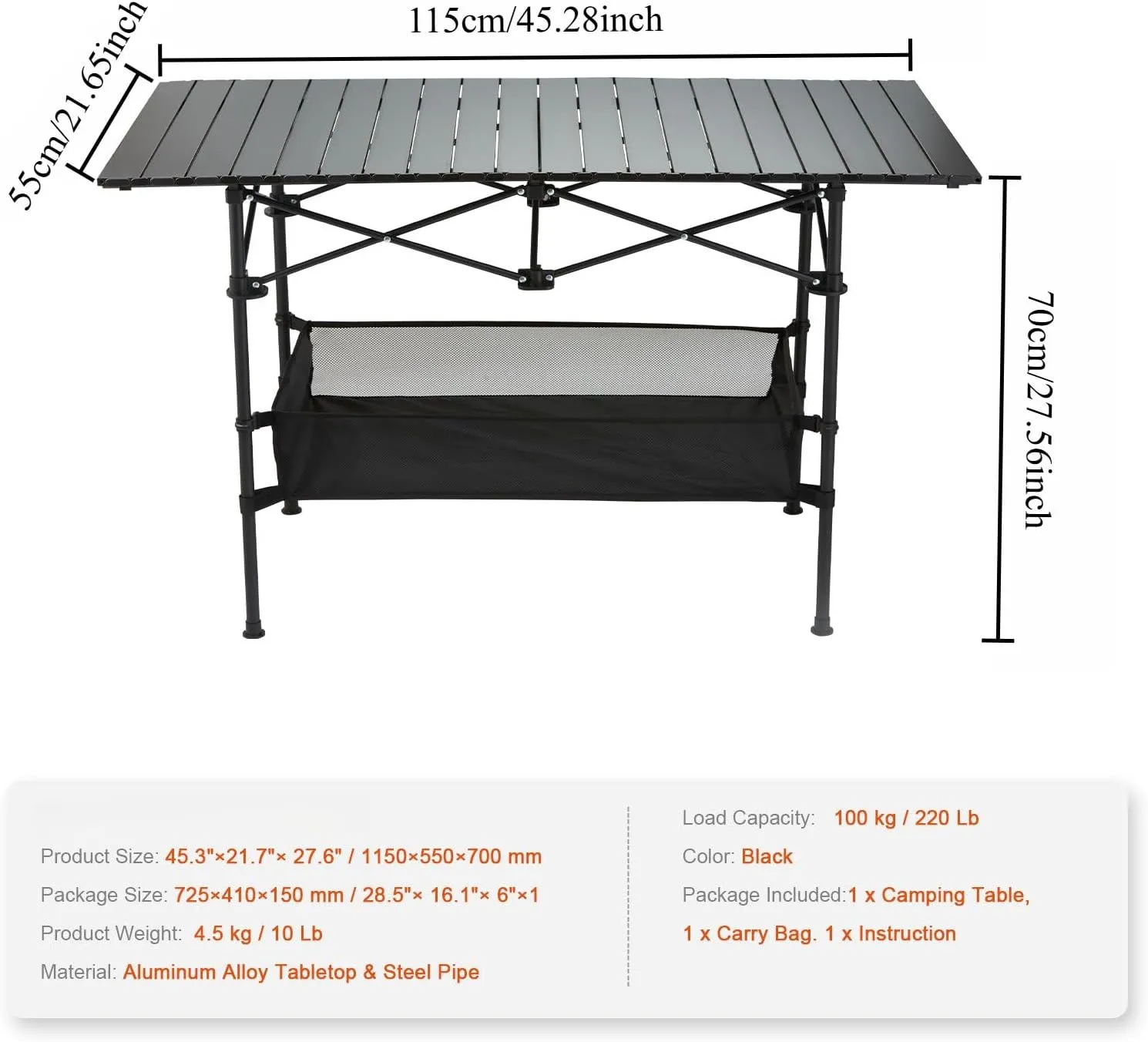 Ultralight Aluminum Foldable Camping Table - Portable Roll-Up Design with Carry Bag, for Indoor Outdoor Camping Beach Backyard BBQ Parties Picnic Patio