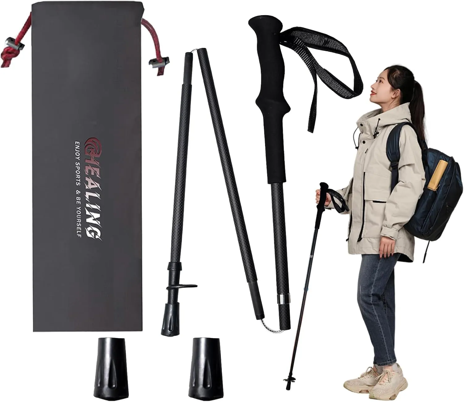 Ultralight Carbon Fibre Hiking Poles, 2-Piece Set, Collapsible Hiking Poles with Moisture Transferring Handle, Storage Bag and 2 Poles Caps for Hiking, Trekking and Mountaineering