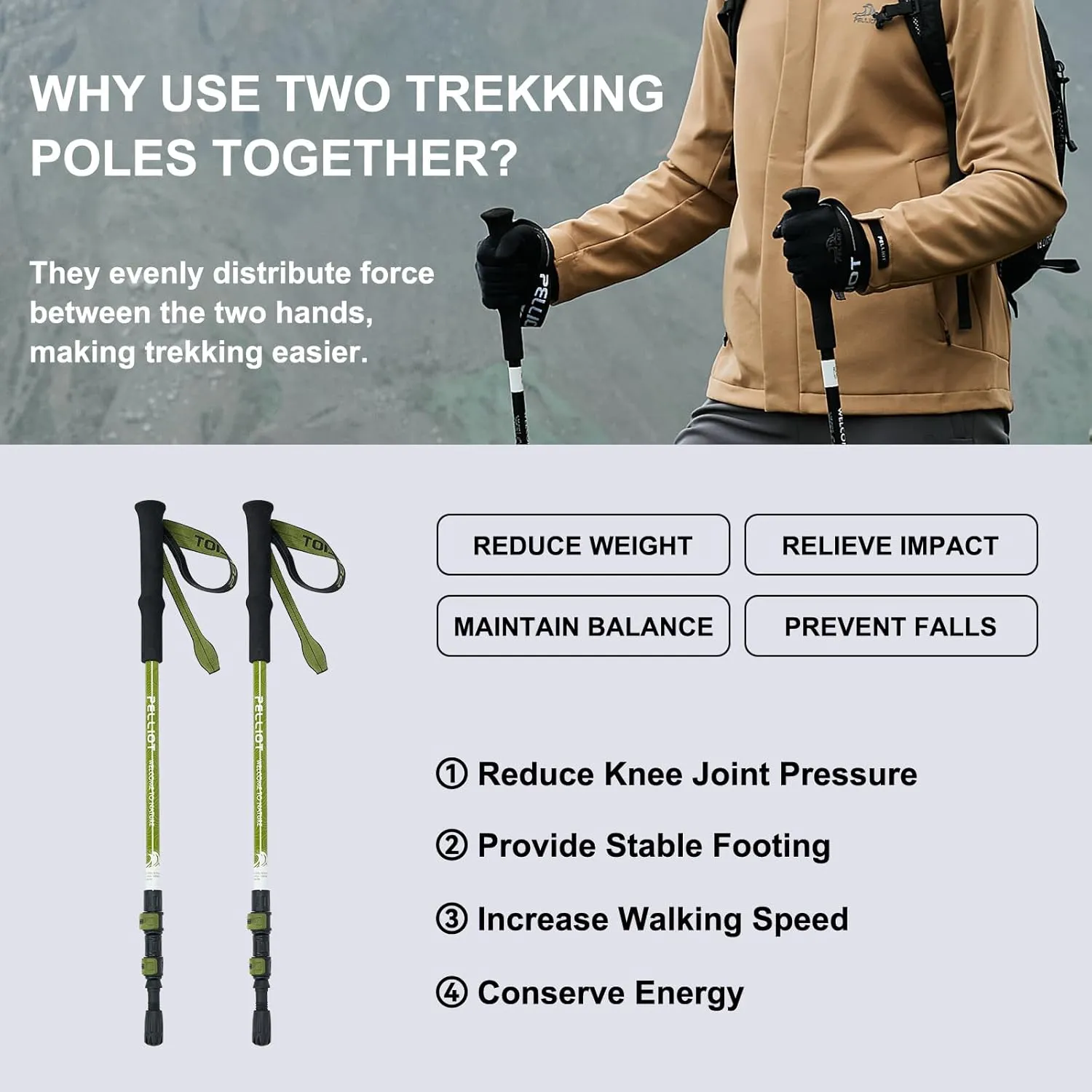 Ultralight Trekking Pole Carbon Fiber & Aluminum Alloy Hiking Pole 3-Section Telescopic Hiking Stick with EVA Foam Grips Adjustable Walking Stick for Hiking
