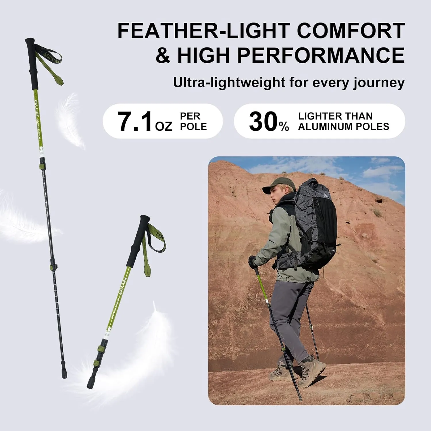 Ultralight Trekking Pole Carbon Fiber & Aluminum Alloy Hiking Pole 3-Section Telescopic Hiking Stick with EVA Foam Grips Adjustable Walking Stick for Hiking