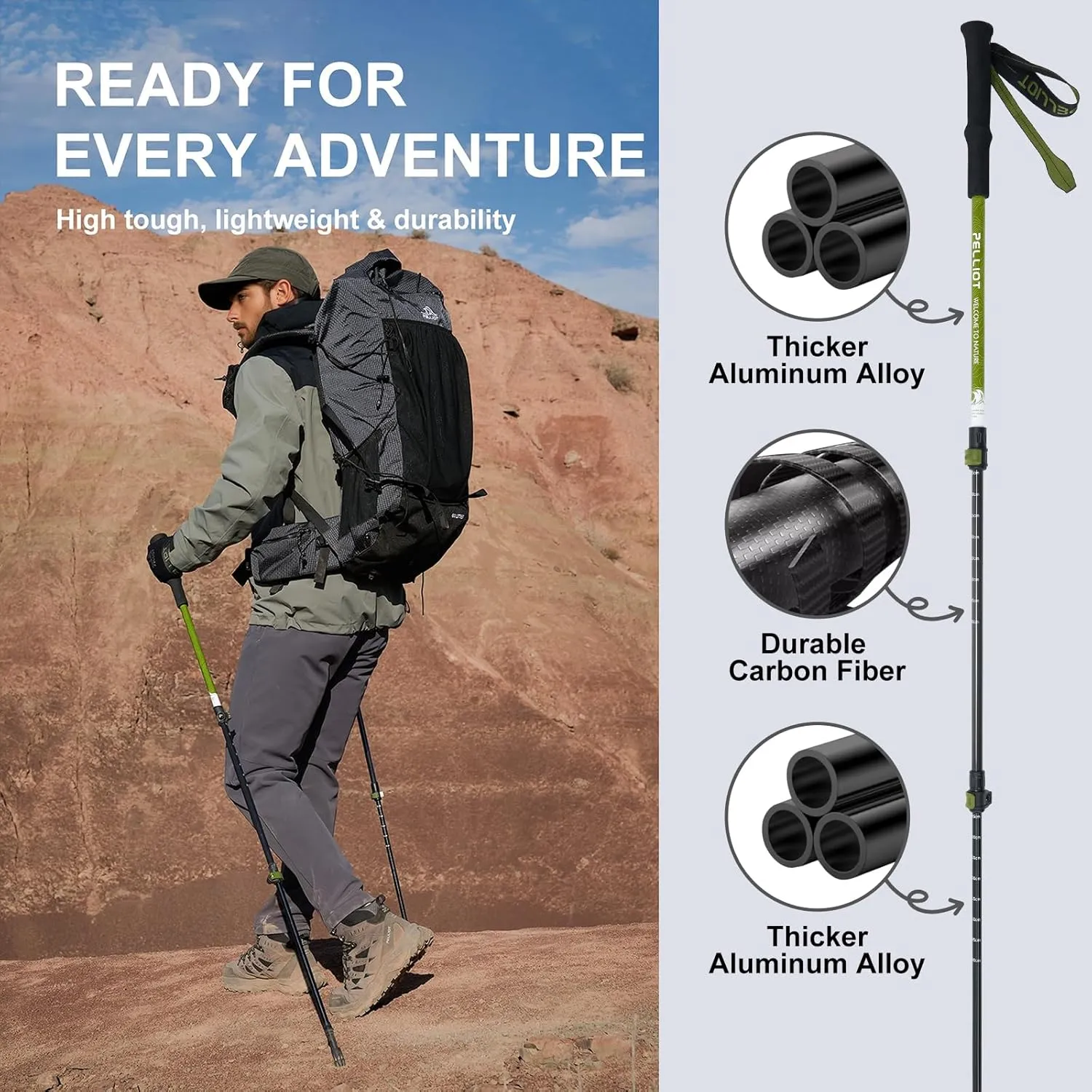 Ultralight Trekking Pole Carbon Fiber & Aluminum Alloy Hiking Pole 3-Section Telescopic Hiking Stick with EVA Foam Grips Adjustable Walking Stick for Hiking