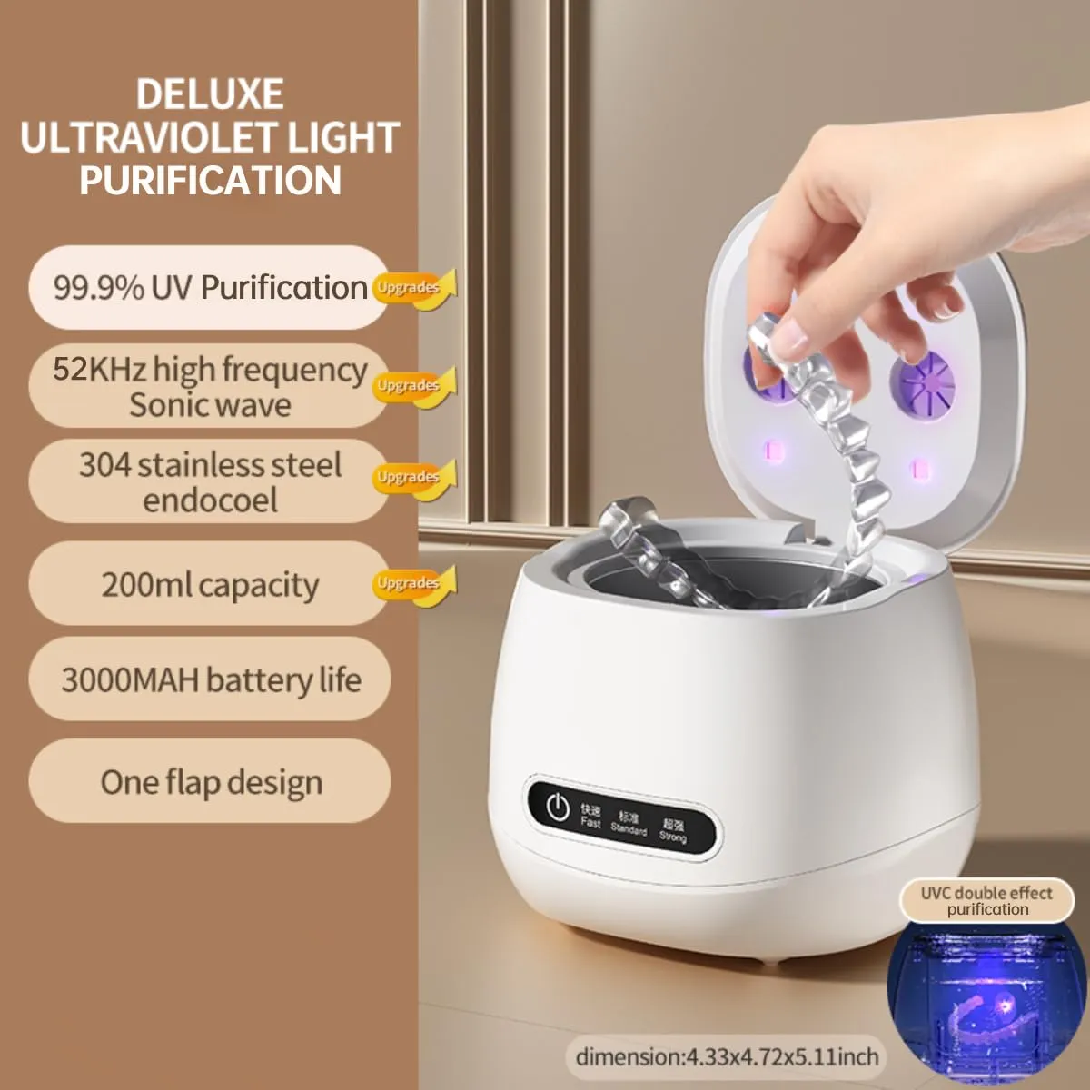 Ultrasonic Retainer Cleaner Machine | Aligner, Nightguard, Mouth Guard, Denture, Jewelry, Straps Cleaner | 50KHZ high-frequency sound wave | Multi-item cleaning | 3 modes available (Black)