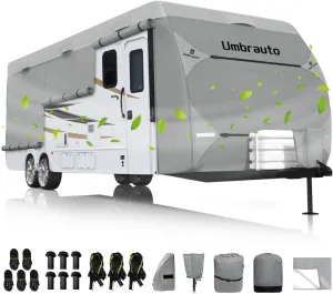 Umbrauto RV Cover 27-30ft: 7 Layers Travel Trailer Cover, Waterproof Camper Cover, Toy Hauler Cover with Tongue Jack Cover, Extra Windproof Ropes, Gutter Covers