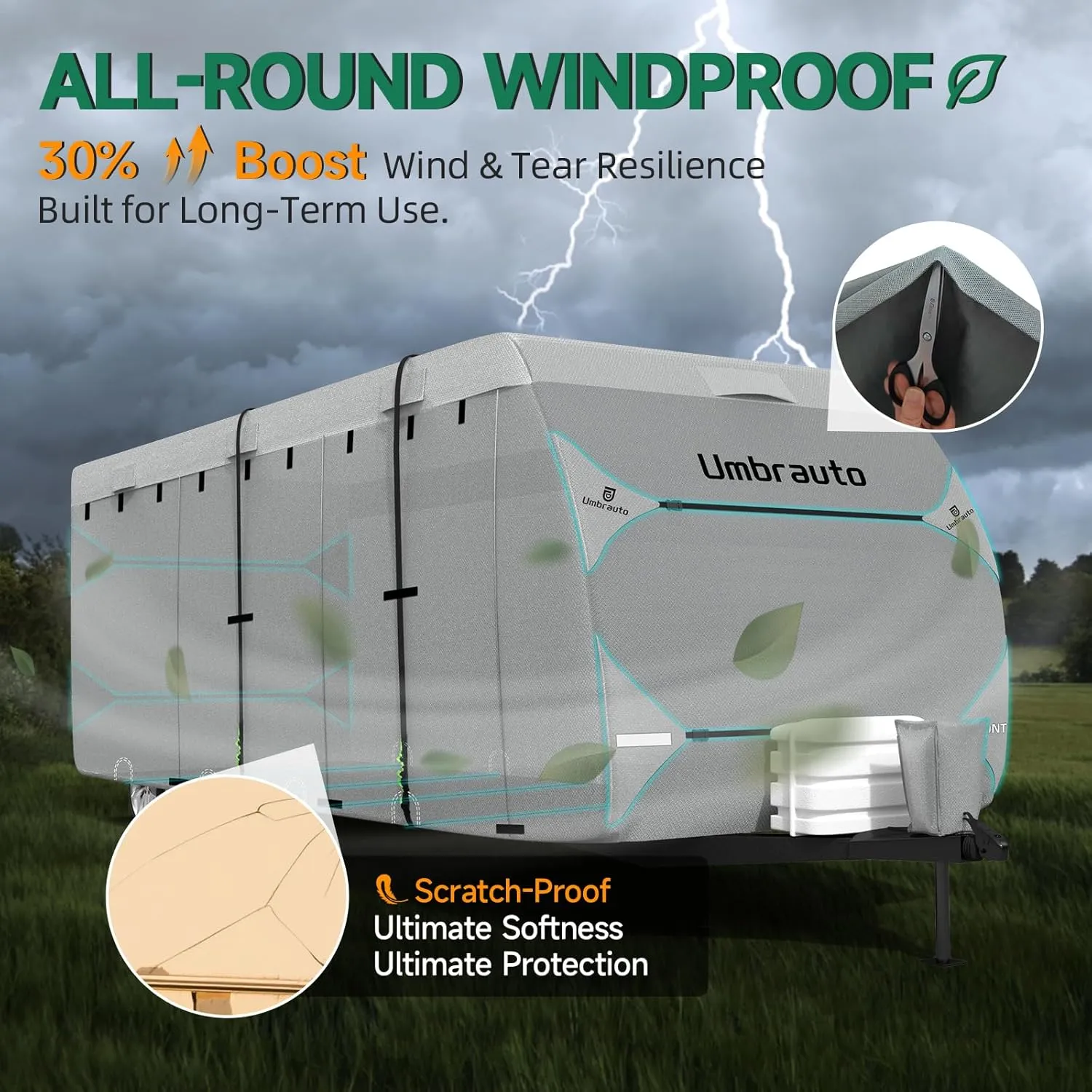 Umbrauto RV Cover 27-30ft: 7 Layers Travel Trailer Cover, Waterproof Camper Cover, Toy Hauler Cover with Tongue Jack Cover, Extra Windproof Ropes, Gutter Covers