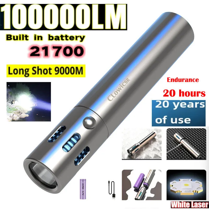 Updated High-grade Stainless Steel 100000Lumens White Laser Tactical Flashlight With 21700 Tesla Li-ion Battery 10-20 Hours High Endurance 20 Years of Use