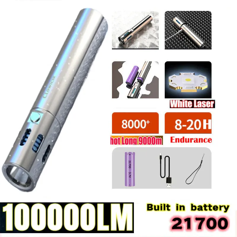 Updated High-grade Stainless Steel 100000Lumens White Laser Tactical Flashlight With 21700 Tesla Li-ion Battery 10-20 Hours High Endurance 20 Years of Use