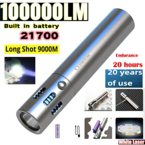Updated High-grade Stainless Steel 100000Lumens White Laser Tactical Flashlight With 21700 Tesla Li-ion Battery 10-20 Hours High Endurance 20 Years of Use