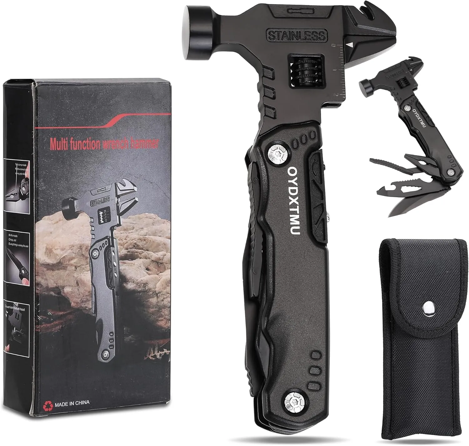 Upgraded 18-in-1 Multitool Hammer,Camping Knife with Adjustable Wrench,Screwdriver,Wire cutter,Hammer,Bottle Opener,Multi Tool for Men(Black)