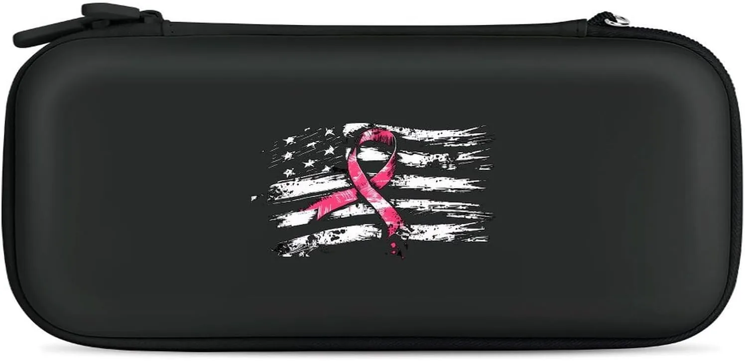 U.S Flag with Breast Cancer Ribbon Hard Shell Travel Case with Rope 15 Game Card Pockets Compatible with Switch Protective