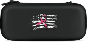U.S Flag with Breast Cancer Ribbon Hard Shell Travel Case with Rope 15 Game Card Pockets Compatible with Switch Protective