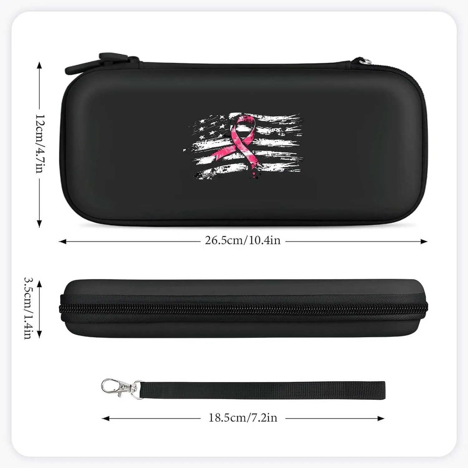 U.S Flag with Breast Cancer Ribbon Hard Shell Travel Case with Rope 15 Game Card Pockets Compatible with Switch Protective