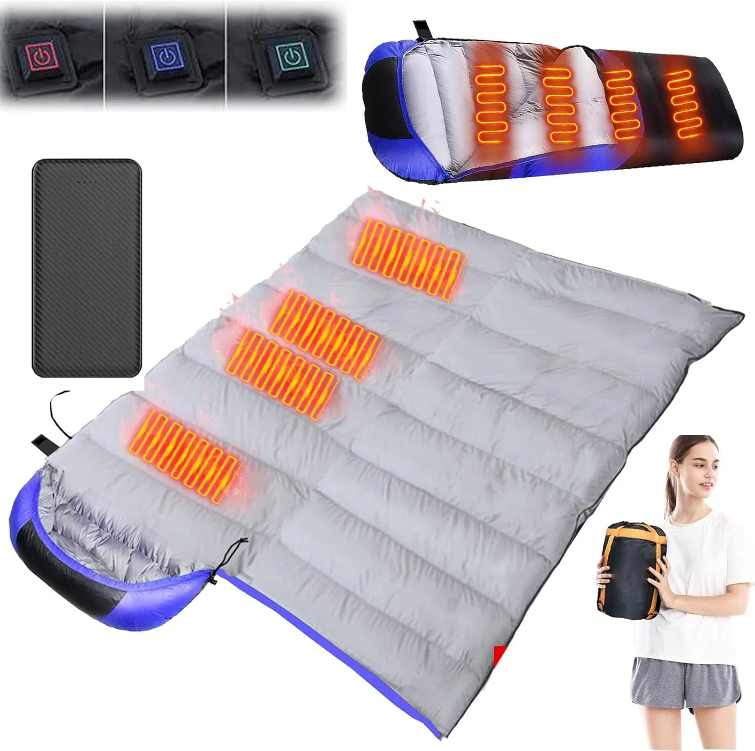 USB Heated Sleeping Bag with 20000mAh Power Bank, 3 Season Waterproof Lightweight Comfortable Sleeping Bag for Adults Traveling, Camping - 3 Heats Setting