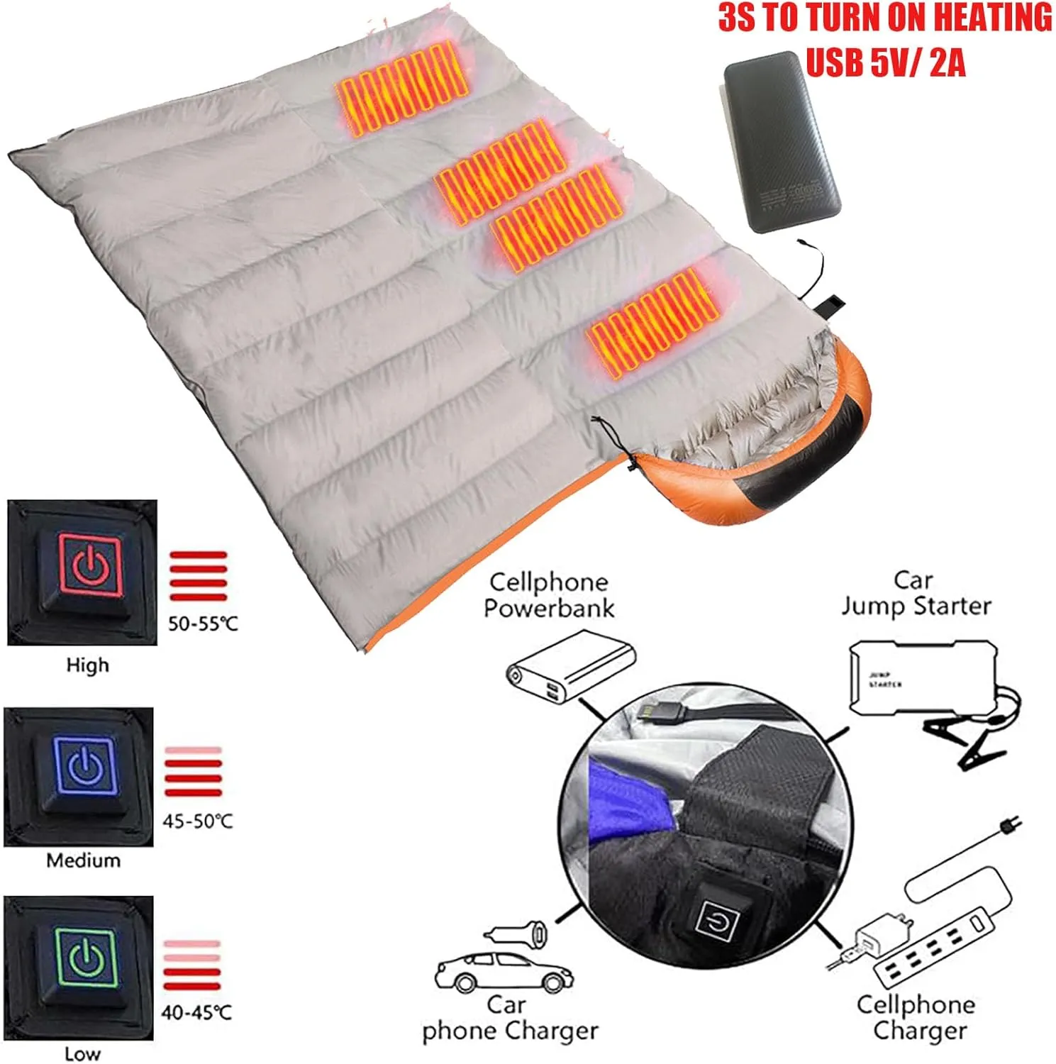 USB Heated Sleeping Bag with 20000mAh Power Bank, 3 Season Waterproof Lightweight Comfortable Sleeping Bag for Adults Traveling, Camping - 3 Heats Setting
