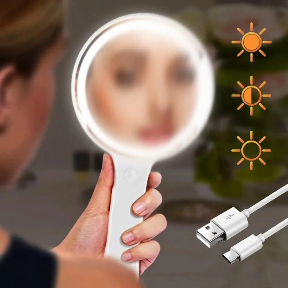 USB Makeup with Led Light Compact Hand Mirrors with Handle Vanity Round Portable Travel Smart