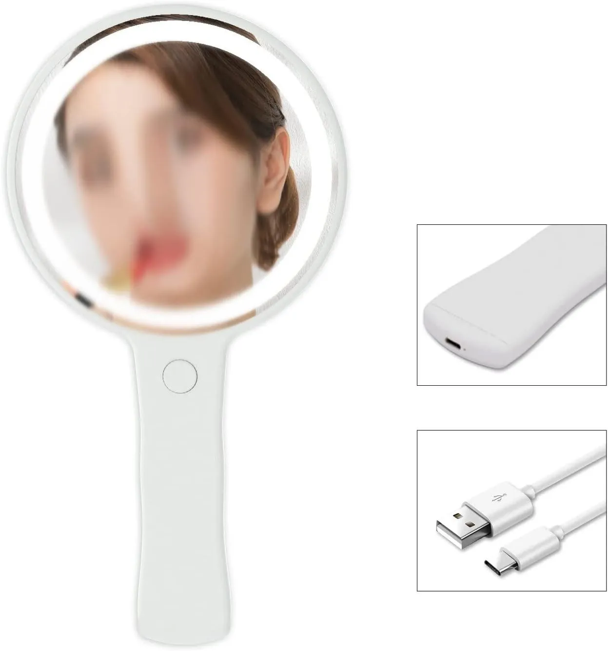 USB Makeup with Led Light Compact Hand Mirrors with Handle Vanity Round Portable Travel Smart