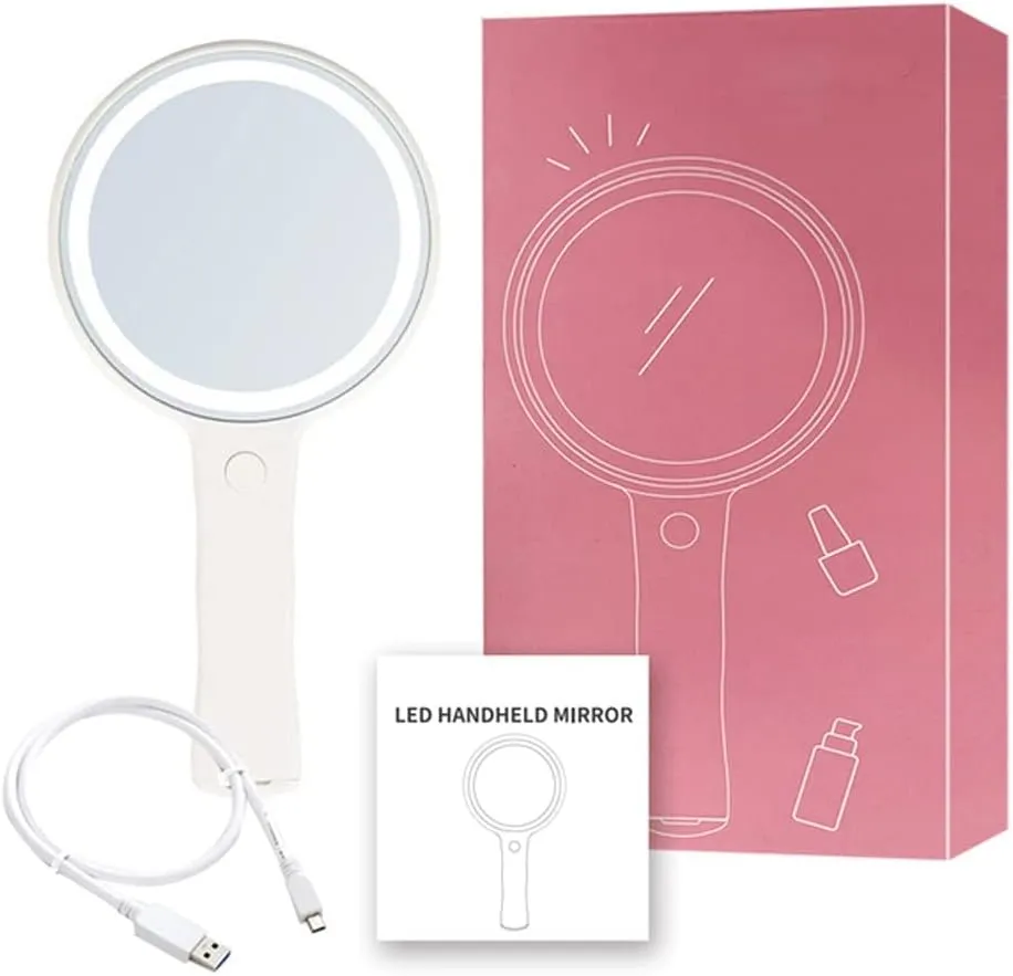 USB Makeup with Led Light Compact Hand Mirrors with Handle Vanity Round Portable Travel Smart