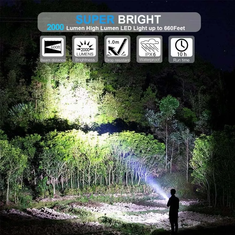 USB Rechargeable Flashlight, Magnetic LED Flashlight, 2000 Lumen Super Bright LED Tactical Flashlight with Cob Worklight,Waterproof,Zoomable Best Small LED Flashlight for Camping, Emergency Flashlight