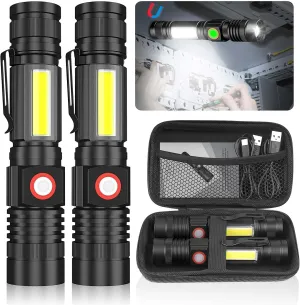 USB Rechargeable Flashlight, Magnetic LED Flashlight, 2000 Lumen Super Bright LED Tactical Flashlight with Cob Worklight,Waterproof,Zoomable Best Small LED Flashlight for Camping, Emergency Flashlight