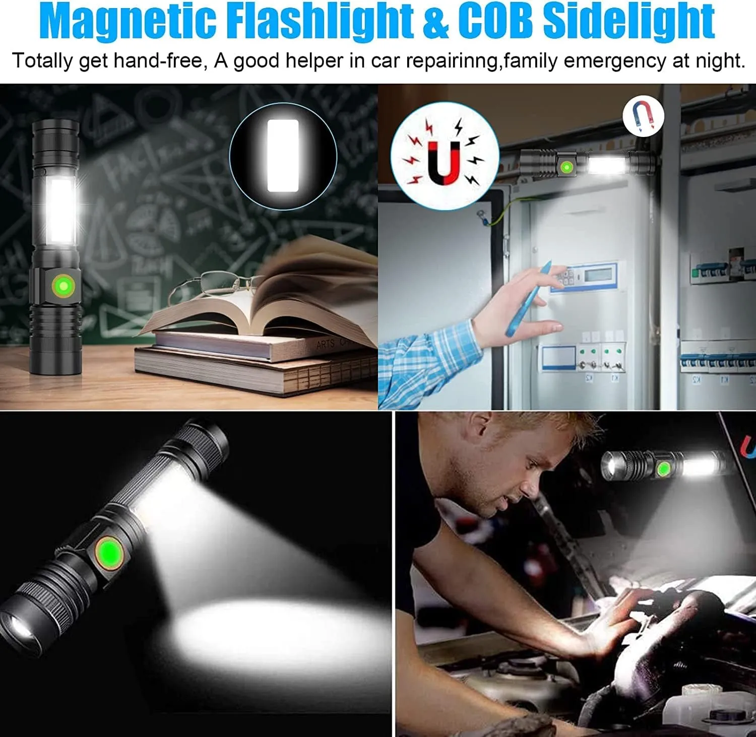 USB Rechargeable Flashlight, Magnetic LED Flashlight, 2000 Lumen Super Bright LED Tactical Flashlight with Cob Worklight,Waterproof,Zoomable Best Small LED Flashlight for Camping, Emergency Flashlight