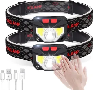 USB Rechargeable Head Torch, Ultralight Induction LED Headlamp with 8 Modes and SOS Red Light,Waterproof Headlight for Kids Adults Runner Walking or Camping Hiking Fishing (2 Pack)
