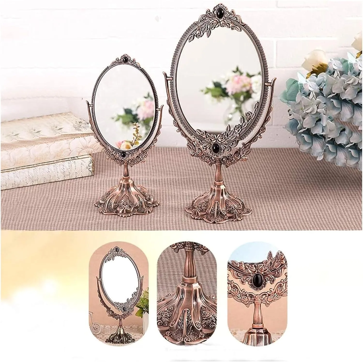 Vanity Mirror,Makeup Mirror, Bathroom Mirror 360 Degree Rotation Mirror Double-Sided Retro Desktop Vanity Mirror Photo Frame(Red Copper)