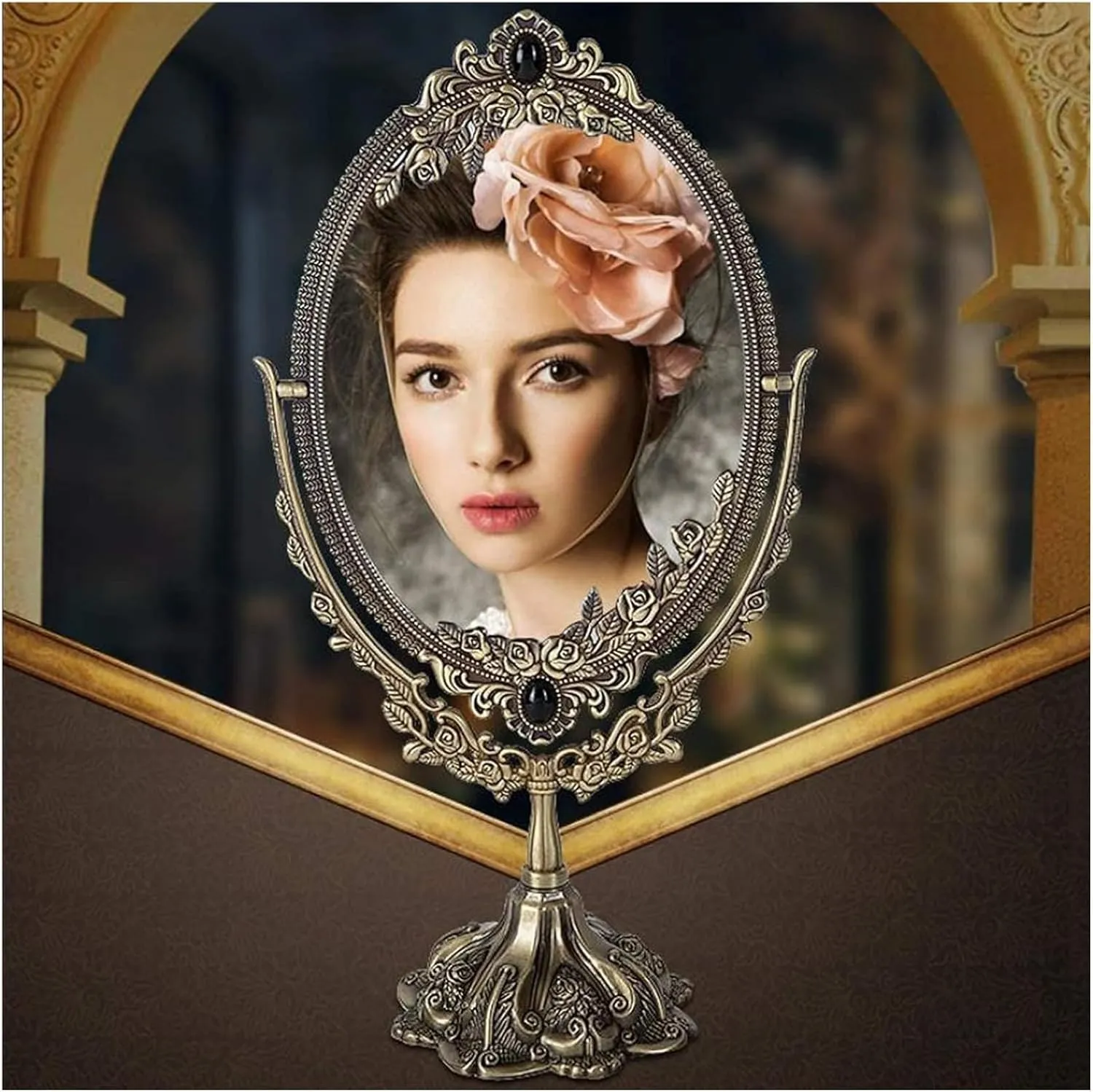 Vanity Mirror,Makeup Mirror, Bathroom Mirror 360 Degree Rotation Mirror Double-Sided Retro Desktop Vanity Mirror Photo Frame(Red Copper)