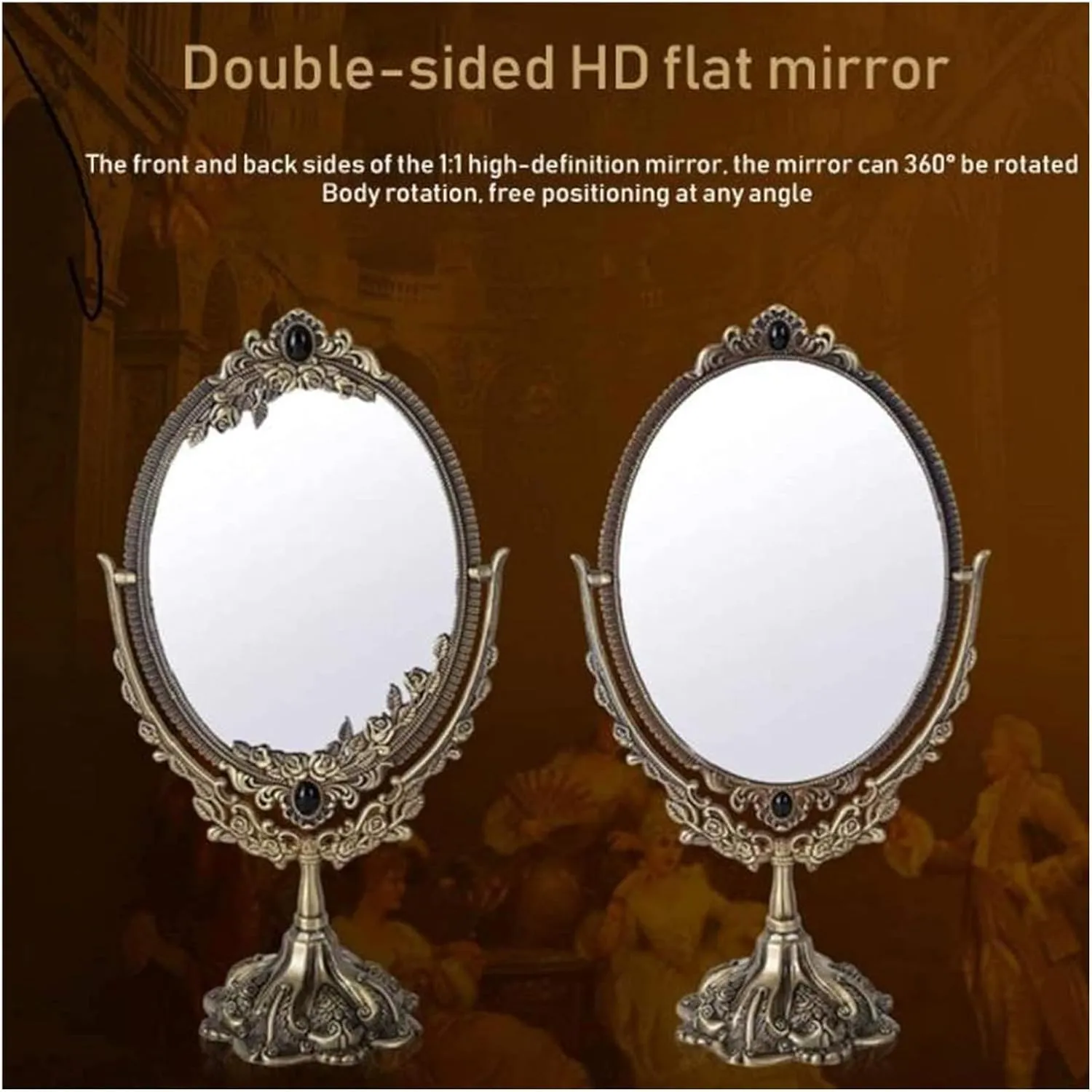 Vanity Mirror,Makeup Mirror, Bathroom Mirror 360 Degree Rotation Mirror Double-Sided Retro Desktop Vanity Mirror Photo Frame(Red Copper)