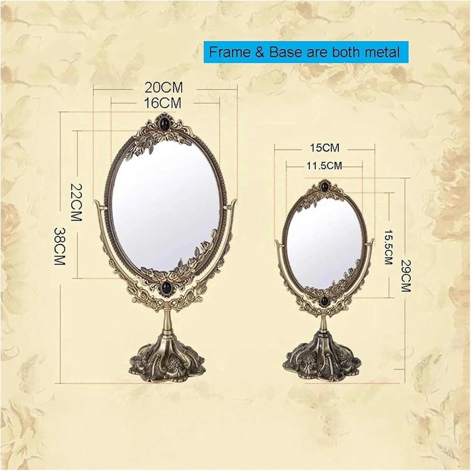Vanity Mirror,Makeup Mirror, Bathroom Mirror 360 Degree Rotation Mirror Double-Sided Retro Desktop Vanity Mirror Photo Frame(Red Copper)