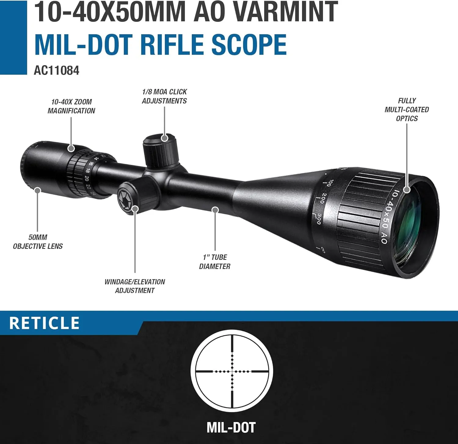 Varmint Crosshair Reticle Precision Riflescope with Adjustable Objective & Fully-Multi Coated Optics for Accurate Long-Range Shooting Hunting