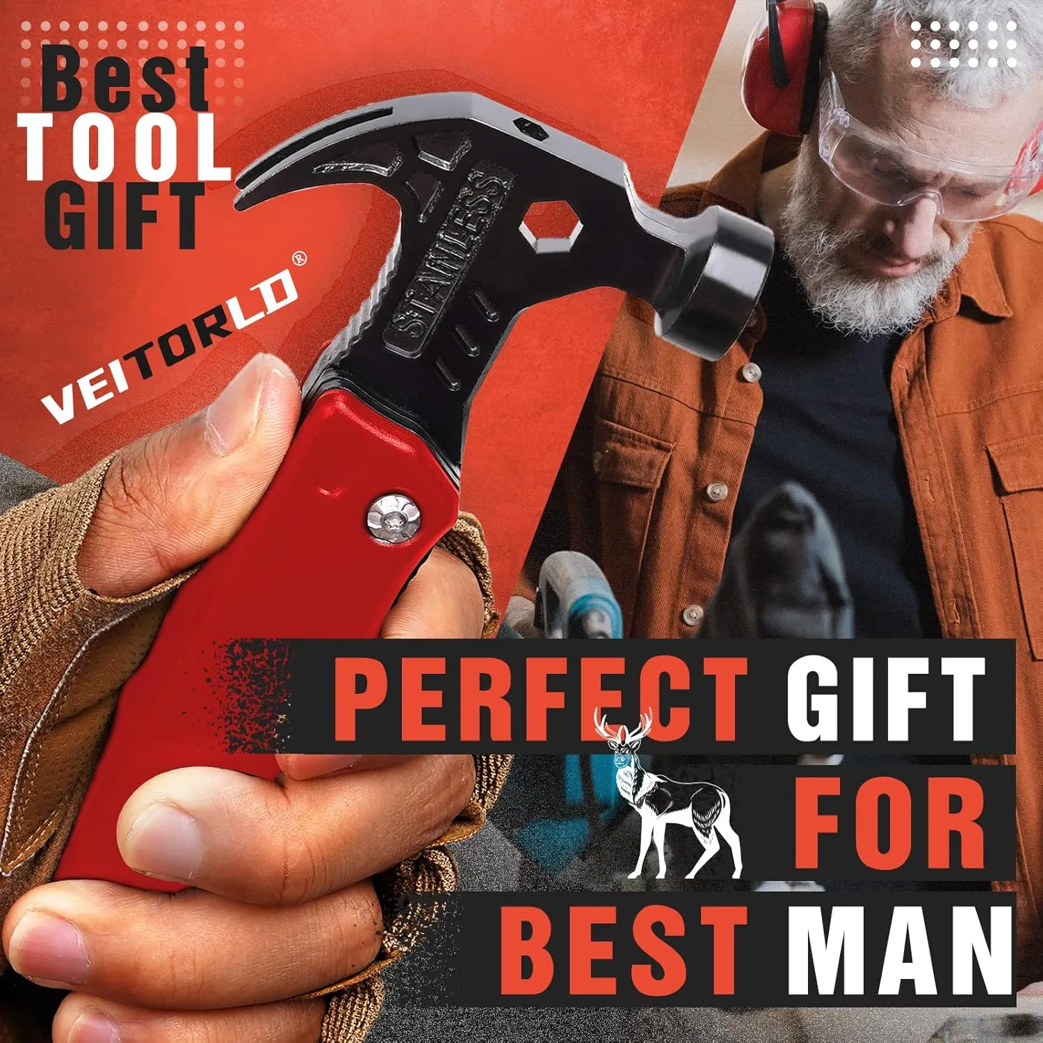 VEITORLD Gifts for Men Women Fathers Day, Anniversary Birthday Gifts Ideas for Dad Grandpa Him, All in One Tools Hammer Multitool, Camping Accessories Survival Gear, Unique Fishing Hunting Tools Gifts