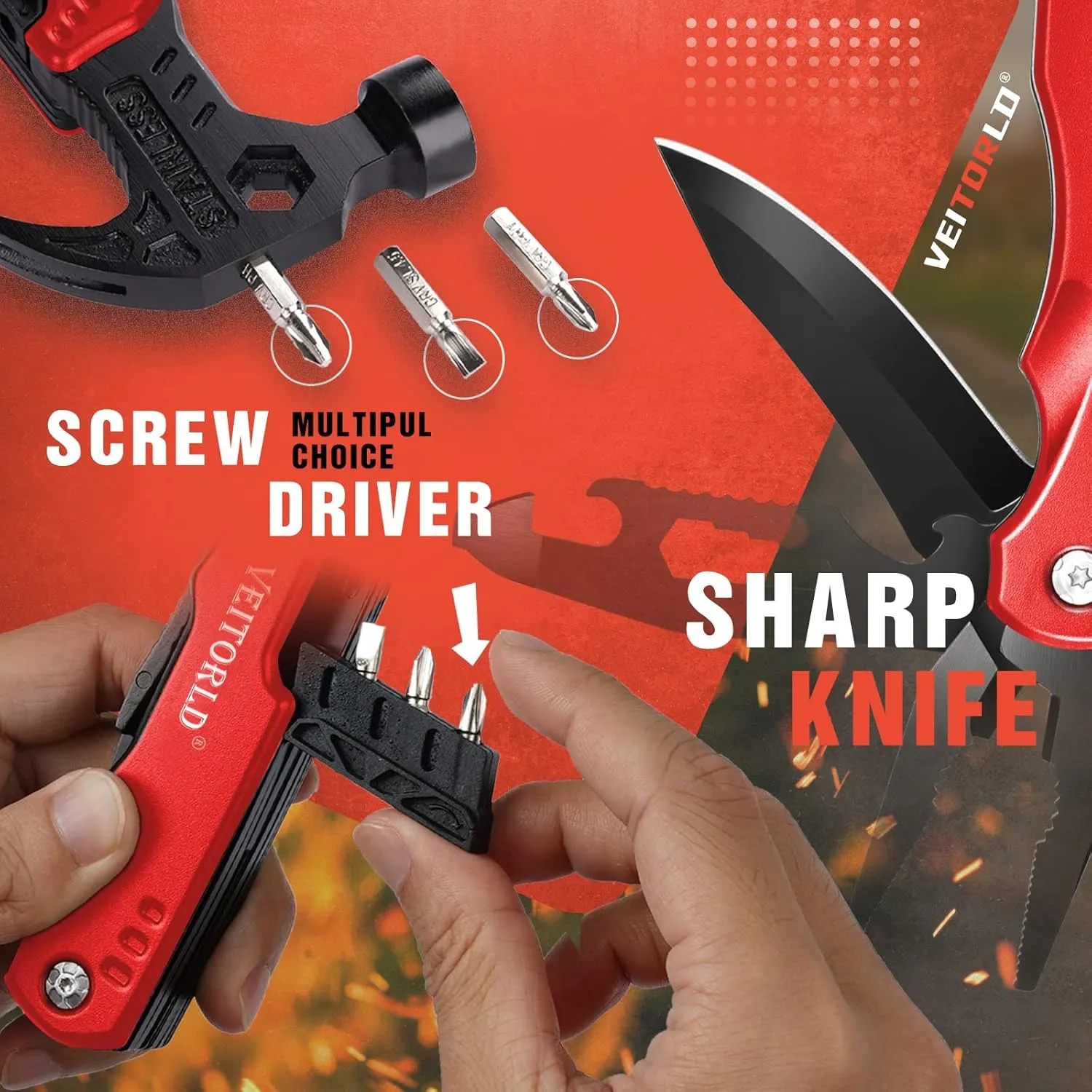 VEITORLD Gifts for Men Women Fathers Day, Anniversary Birthday Gifts Ideas for Dad Grandpa Him, All in One Tools Hammer Multitool, Camping Accessories Survival Gear, Unique Fishing Hunting Tools Gifts