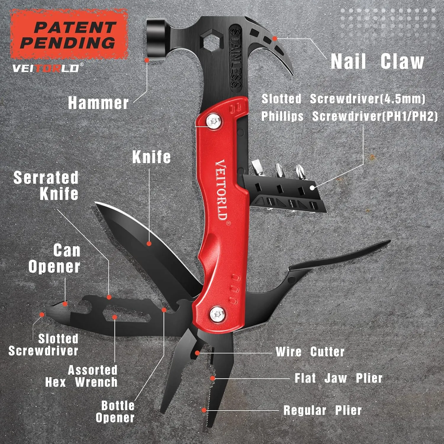 VEITORLD Gifts for Men Women Fathers Day, Anniversary Birthday Gifts Ideas for Dad Grandpa Him, All in One Tools Hammer Multitool, Camping Accessories Survival Gear, Unique Fishing Hunting Tools Gifts