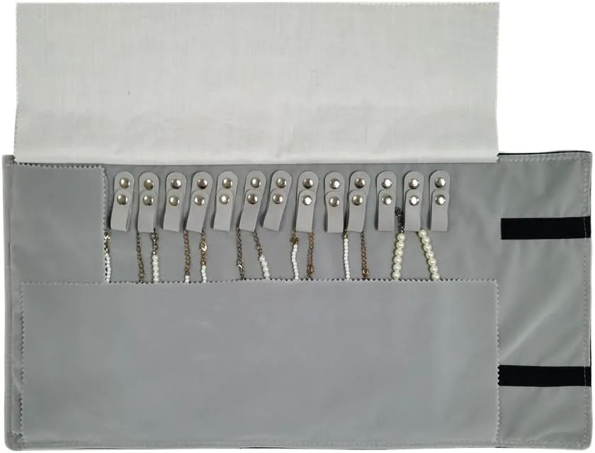 Velet Travel Jewelry Case Roll Bag Organizer for Necklace Bracelet Black Gray Velvet (Black Gray)