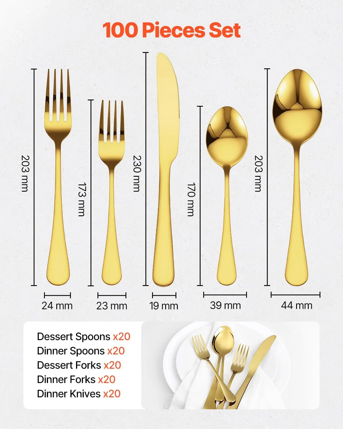 VEVOR 100-Piece Gold Silverware Set, Food-Grade Stainless Steel Flatware Utensils for 20, Mirror Finished Cutlery Set, Dishwasher Safe Eating Tableware for Kitchen Home, Include Knife Fork Spoon