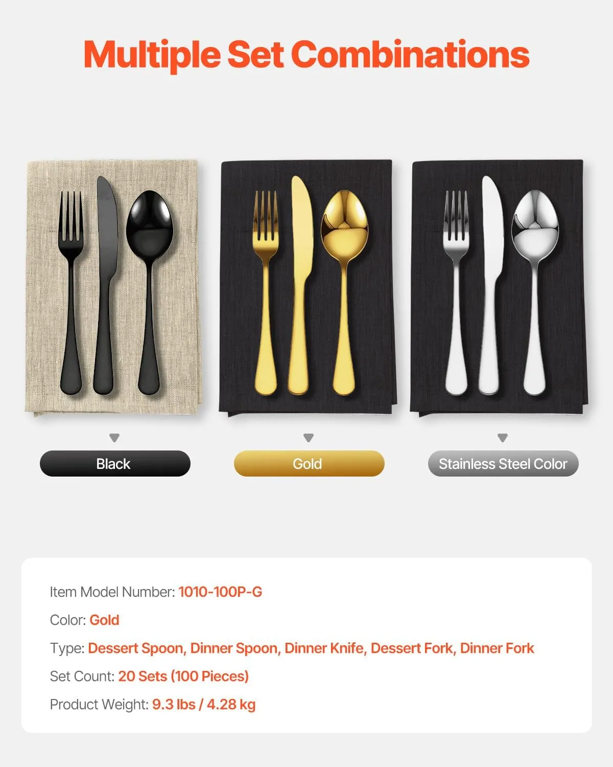 VEVOR 100-Piece Gold Silverware Set, Food-Grade Stainless Steel Flatware Utensils for 20, Mirror Finished Cutlery Set, Dishwasher Safe Eating Tableware for Kitchen Home, Include Knife Fork Spoon